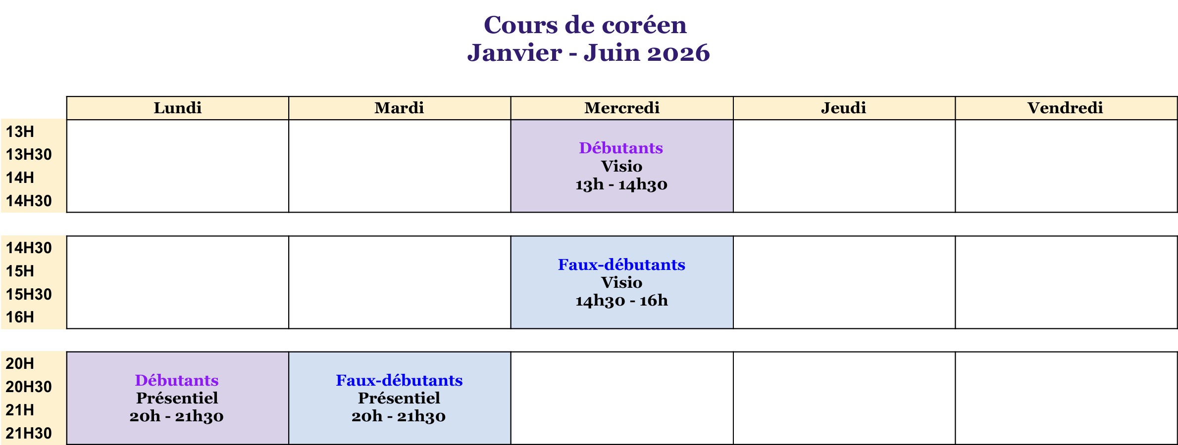 Planning des cours